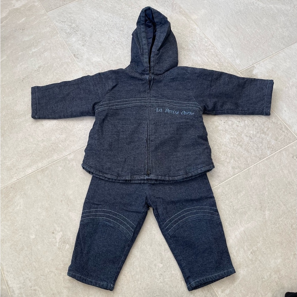 Warm Puffy La Petite Ourse Denim Hooded Jacket & Pants 9 Mos EUC